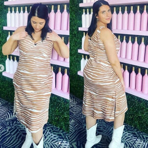 ✨NWT A New Day Cream Tan Zebra Animal Print Satin Slip Midi Dress Women's XXL